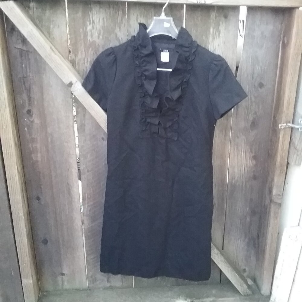 J Crew 100% Wool Black Ruffle Neck Dress Size 0 Holiday Cocktail Office WorkChic